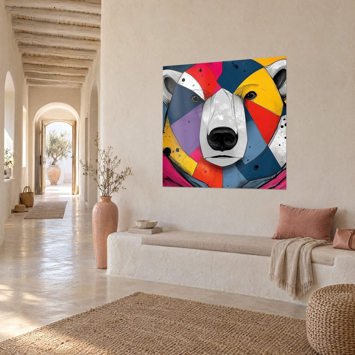 Wall art portrait of a white bear in vivid red and violet facets, black nose, three-quarter view in an ochre vaulted hallway