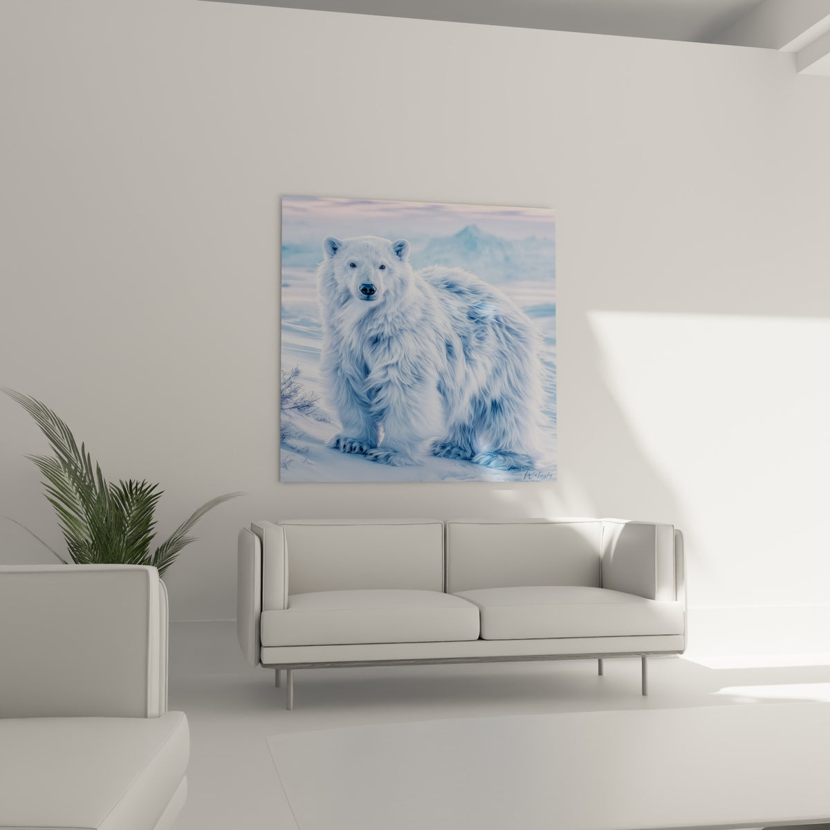 Portrait d'ours polaire givré aux tons blancs et bleutés placé au-dessus d'un canapé dans un salon lumineux