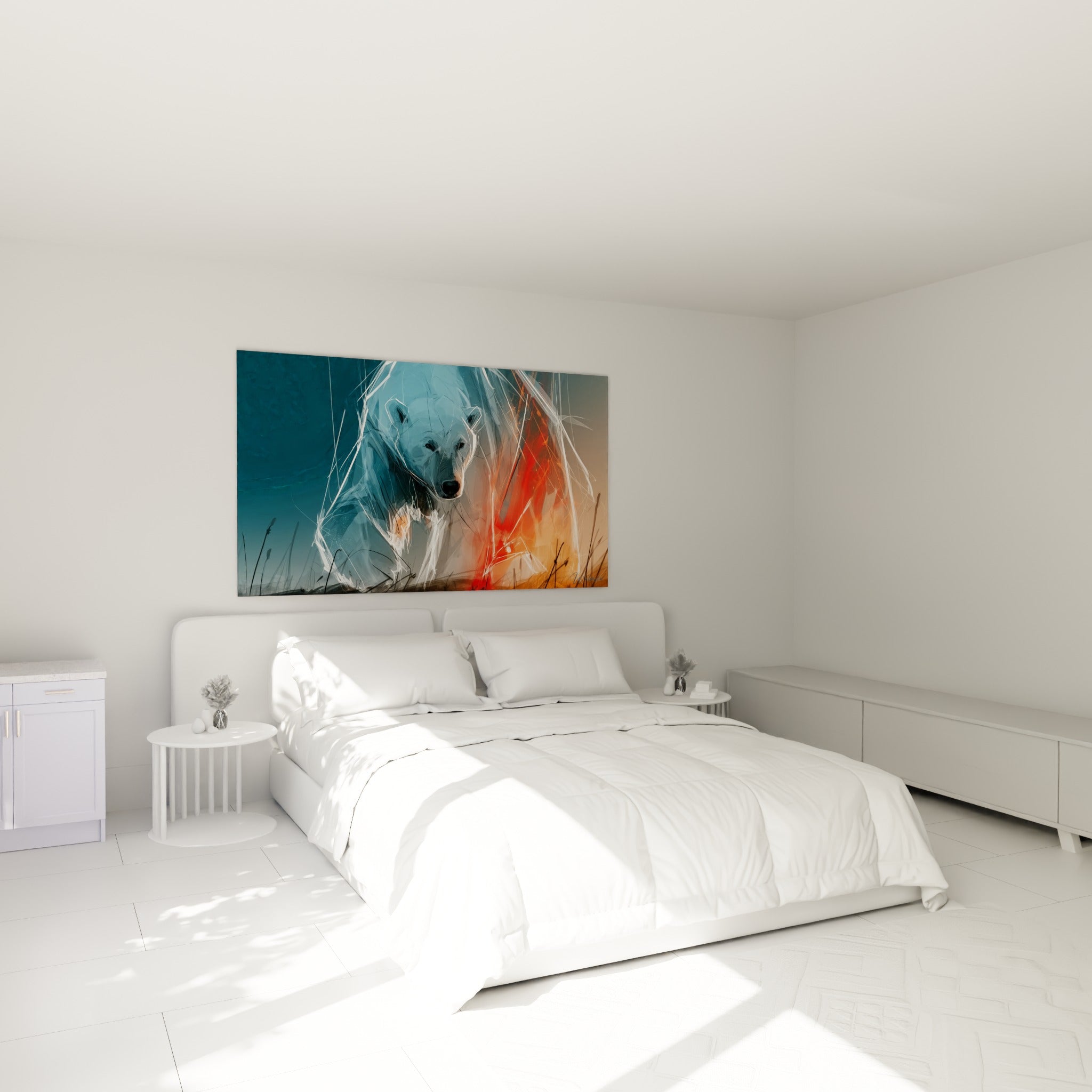 Ours polaire écorché entre bleu glacé et rouge feu, accroché au-dessus d'un lit dans une chambre claire