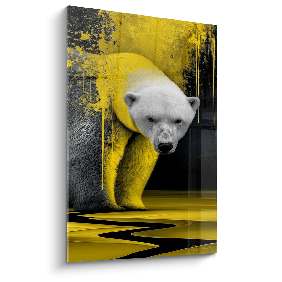 Tableau Ours polaire aux coulures jaunes et noires - Fusion glacée - Edition Ours polaire