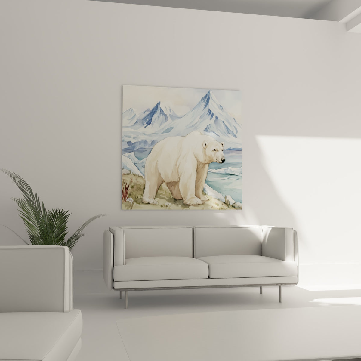 Animal polaire blanc traversant une toundra dorée sous un ciel rosé, au-dessus d'un canapé dans un salon lumineux