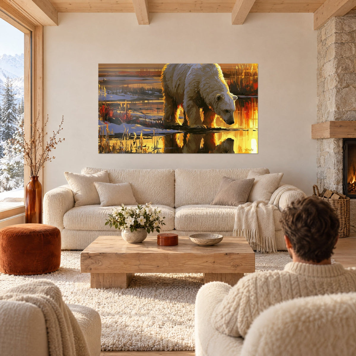 Gemälde Eisbär mit cremefarbenem Fell, von Bernstein und Orange hinterleuchtet, goldene Spiegelungen im Wasser, über einem Sofa in einem hellen Wohnzimmer