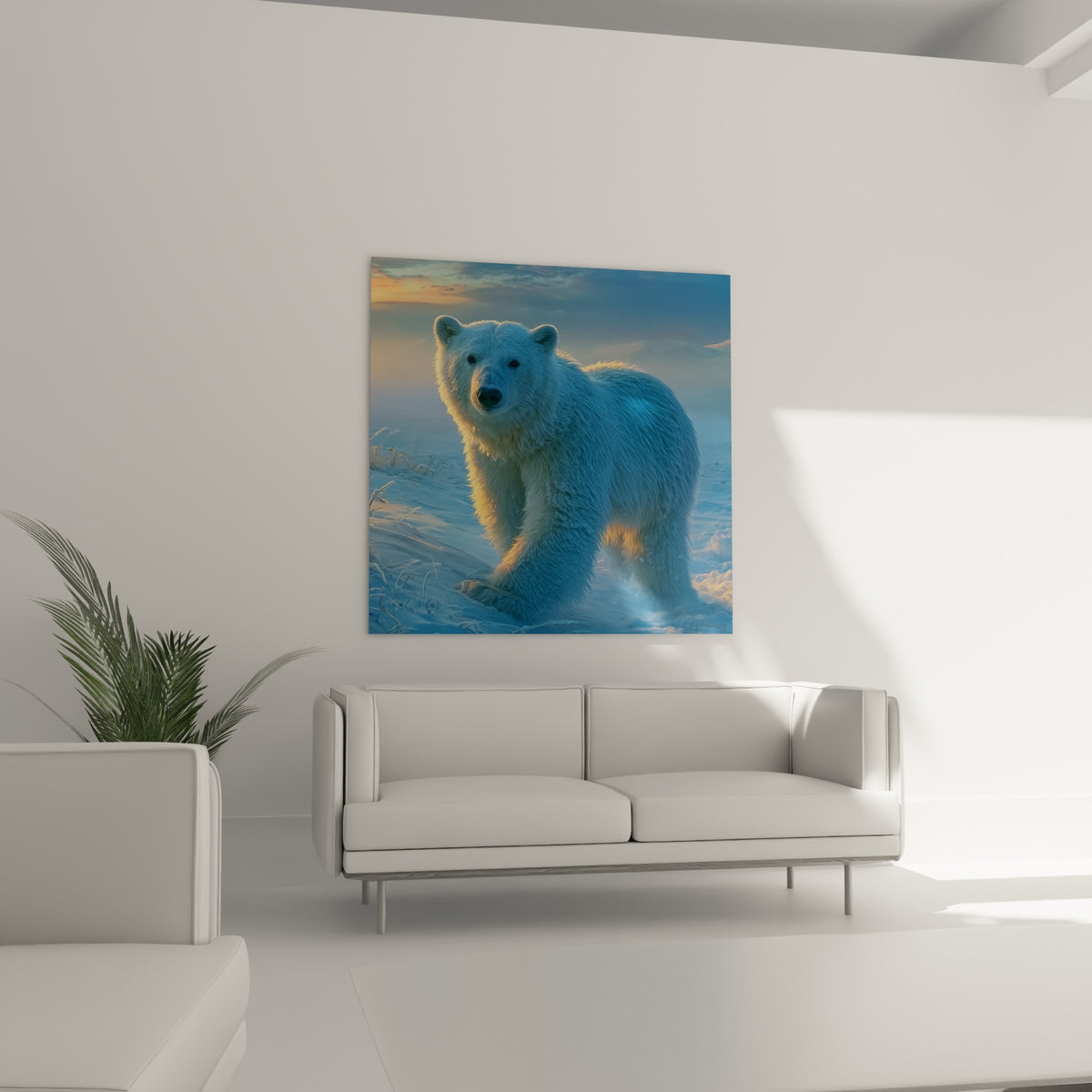 Fourrure épaisse d'un ours polaire aux tons ambrés et glacés disposée au-dessus d'un canapé dans un salon lumineux