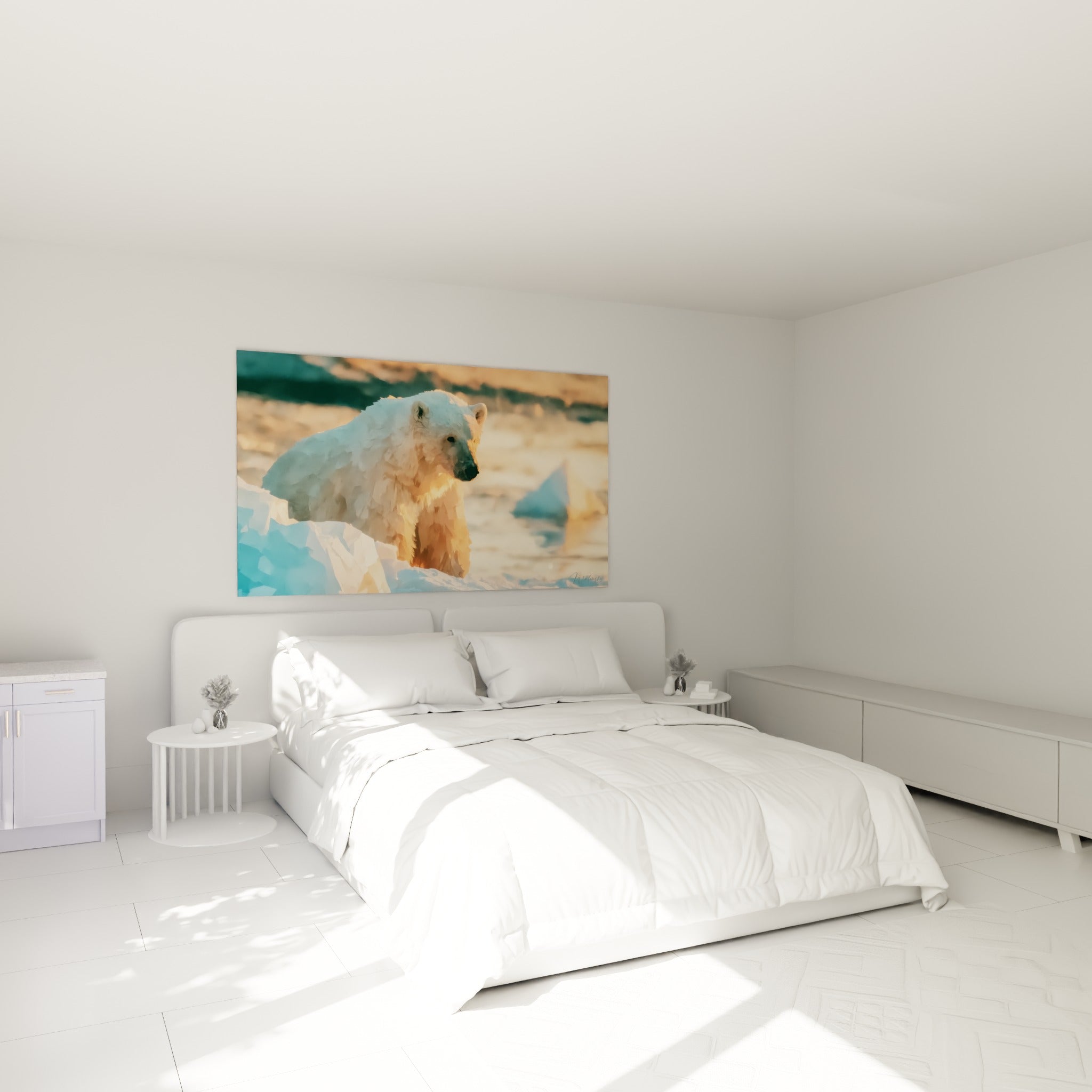 Animal arctique aux teintes ocre et bleu glacier accroché au-dessus d'un lit dans une chambre claire