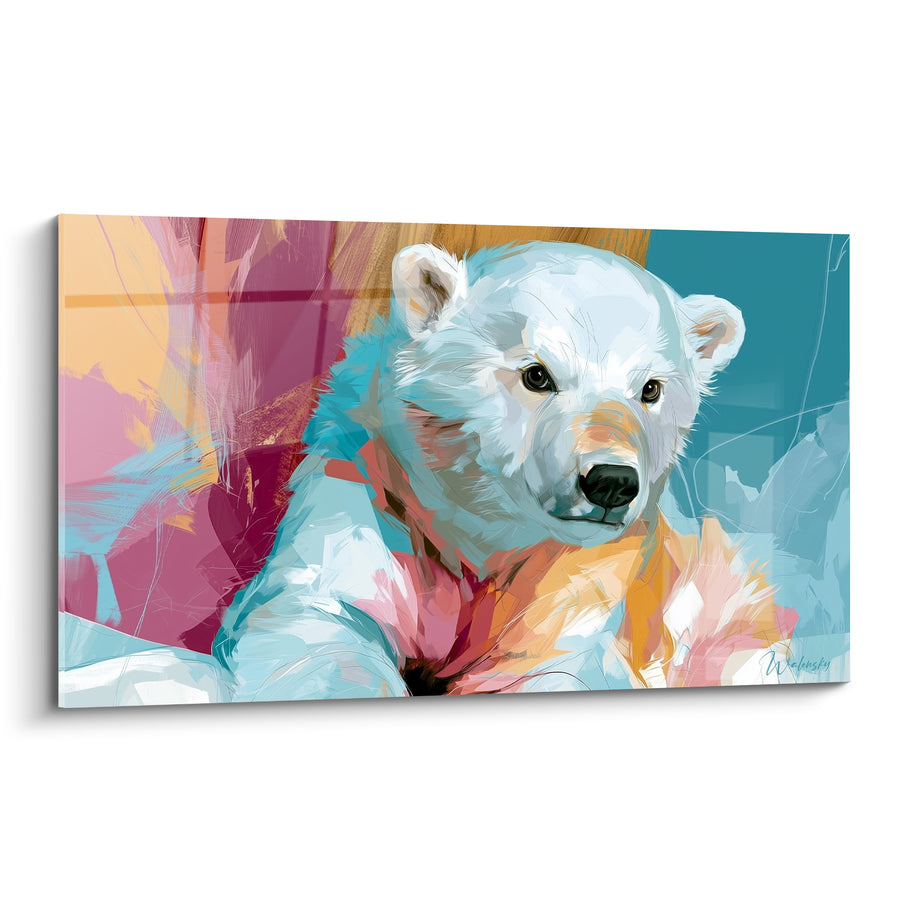 Tableau Ours polaire aux teintes magenta et safran vibrantes - Regard attentif rapproché - Edition Ours polaire