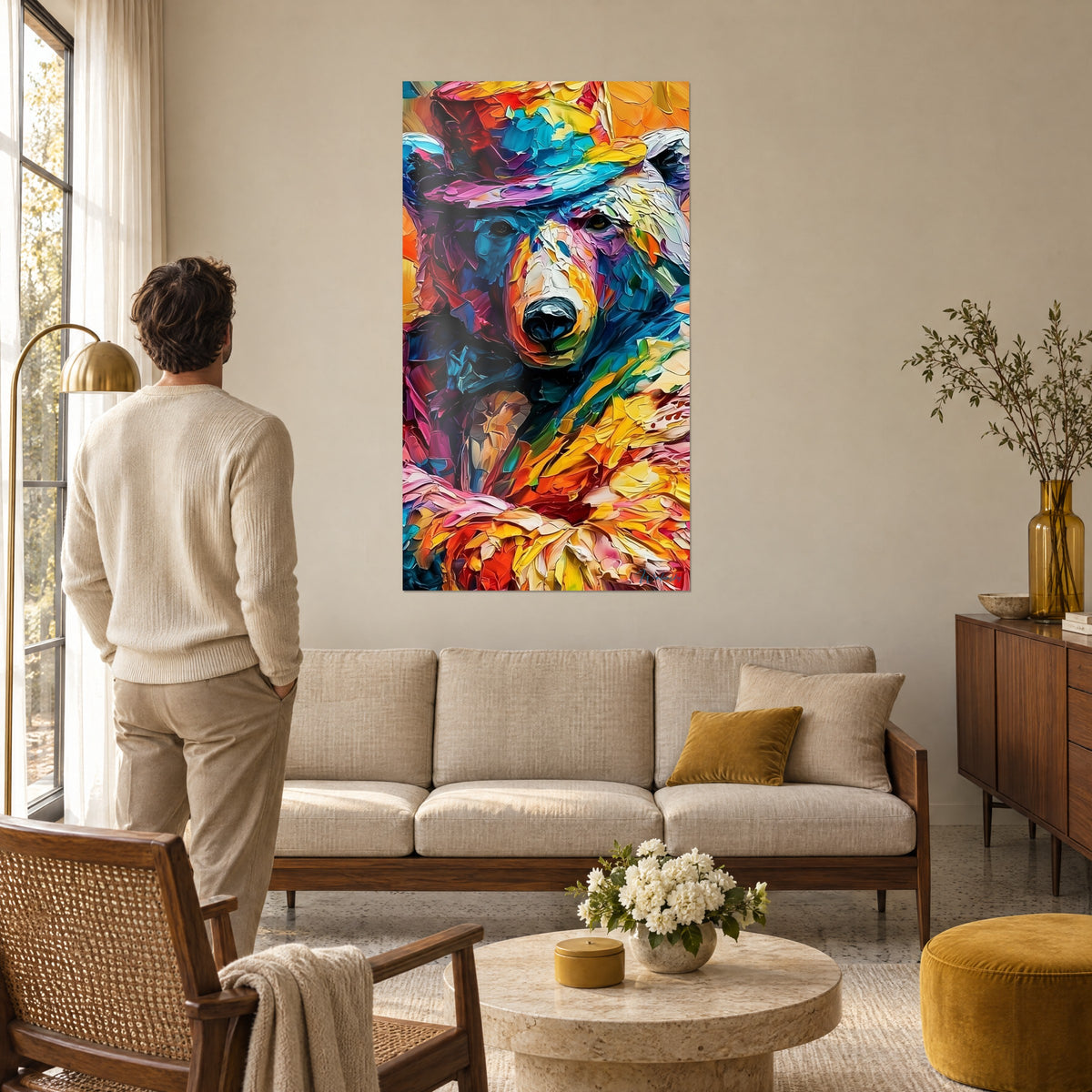 Wall art polar bear wearing a turquoise and purple hat, orange and yellow petal-shaped fur, hung above a sofa in a bright living room