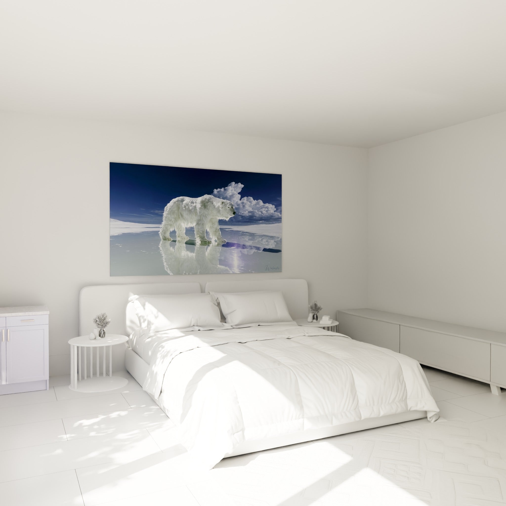 Silhouette blanche d'ours polaire sur fond bleu marine, accrochée au-dessus d'un lit dans une chambre claire