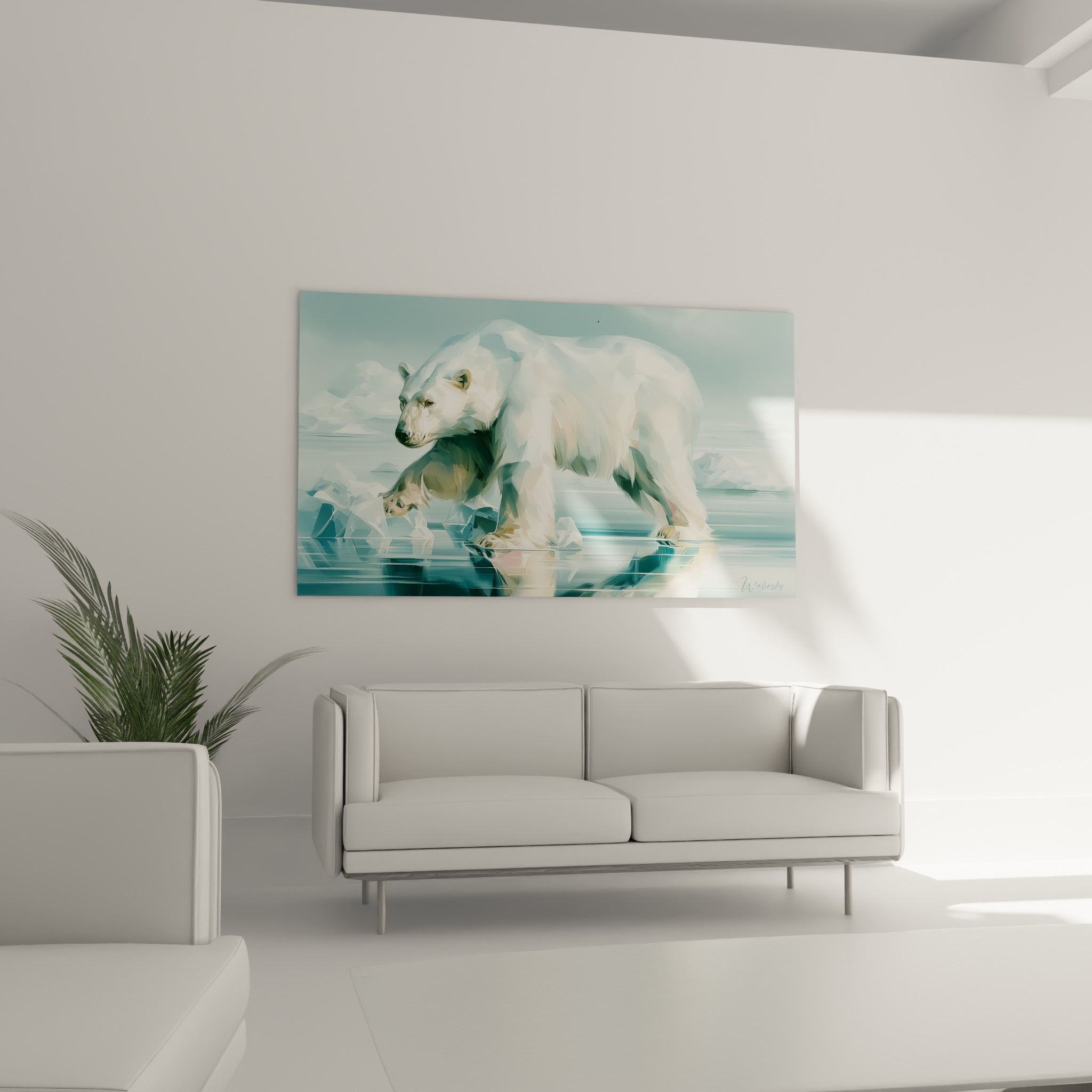 Marche silencieuse d'un ours polaire blanc et rose pâle au-dessus d'un canapé dans un salon lumineux