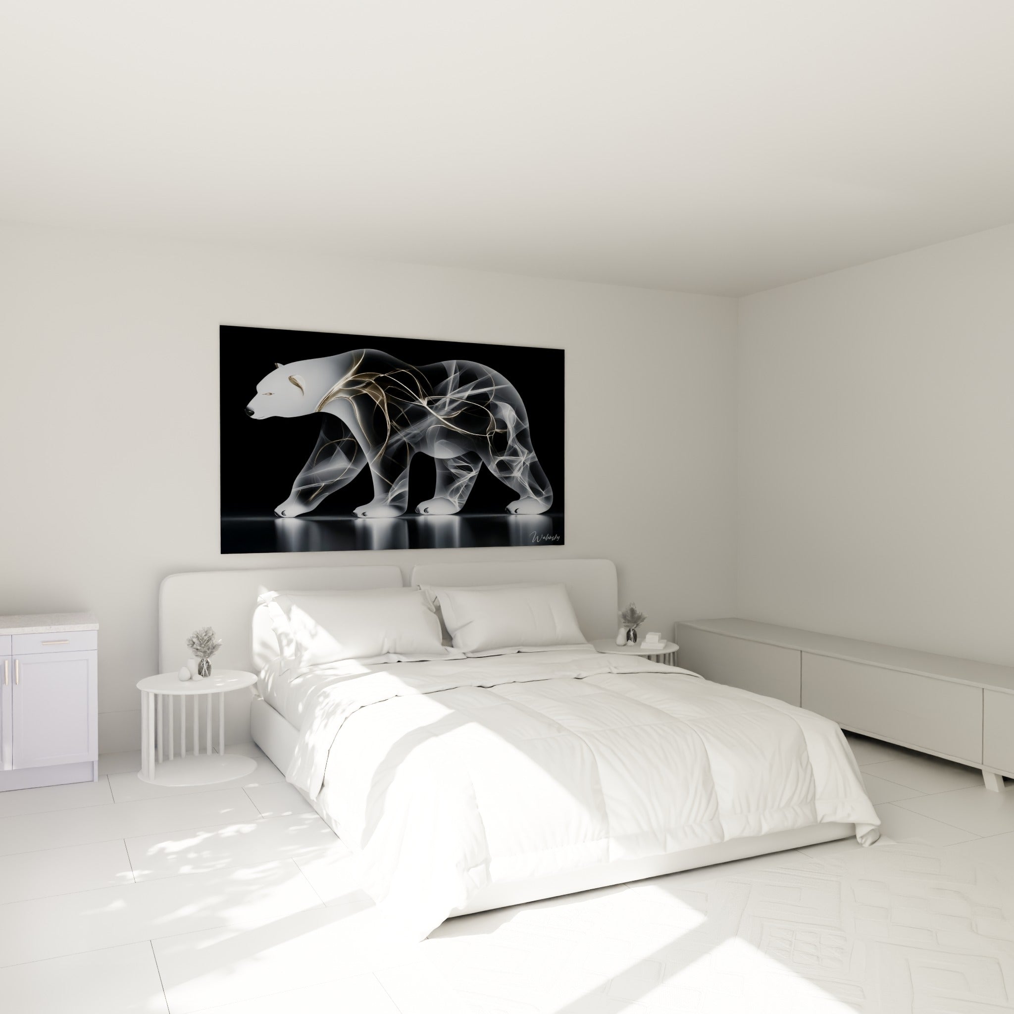 Silhouette d'ours polaire aux volutes dorées et blanches, accrochée au-dessus d'un lit dans une chambre claire