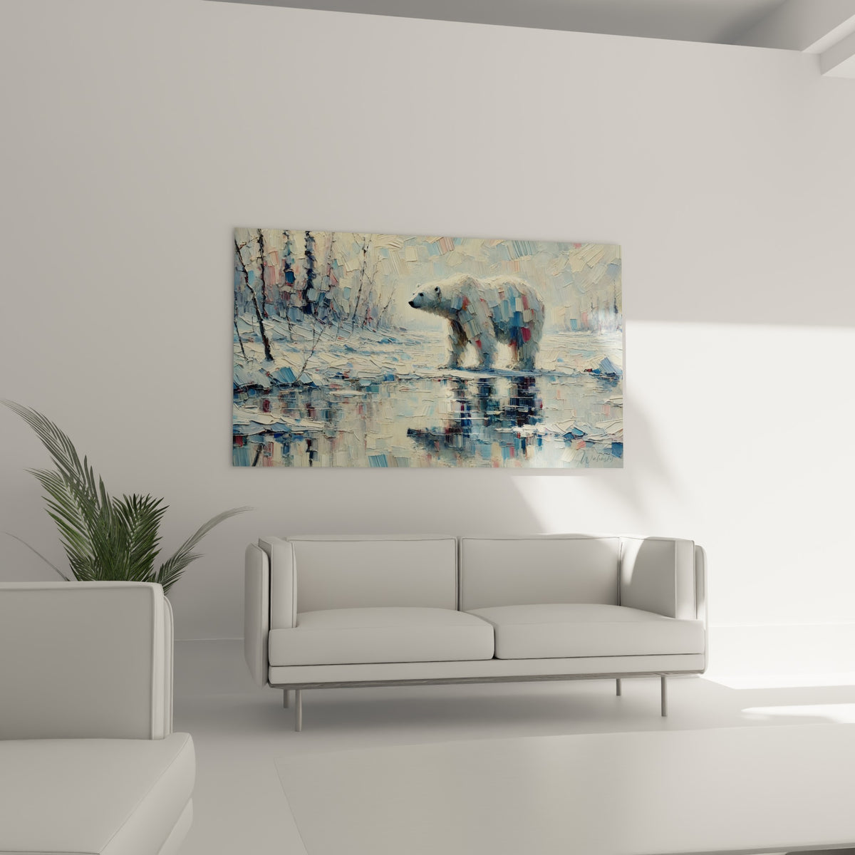 Ours polaire texturé en blanc cassé et bleu glacier avançant sur la glace, au-dessus d'un canapé dans un salon lumineux