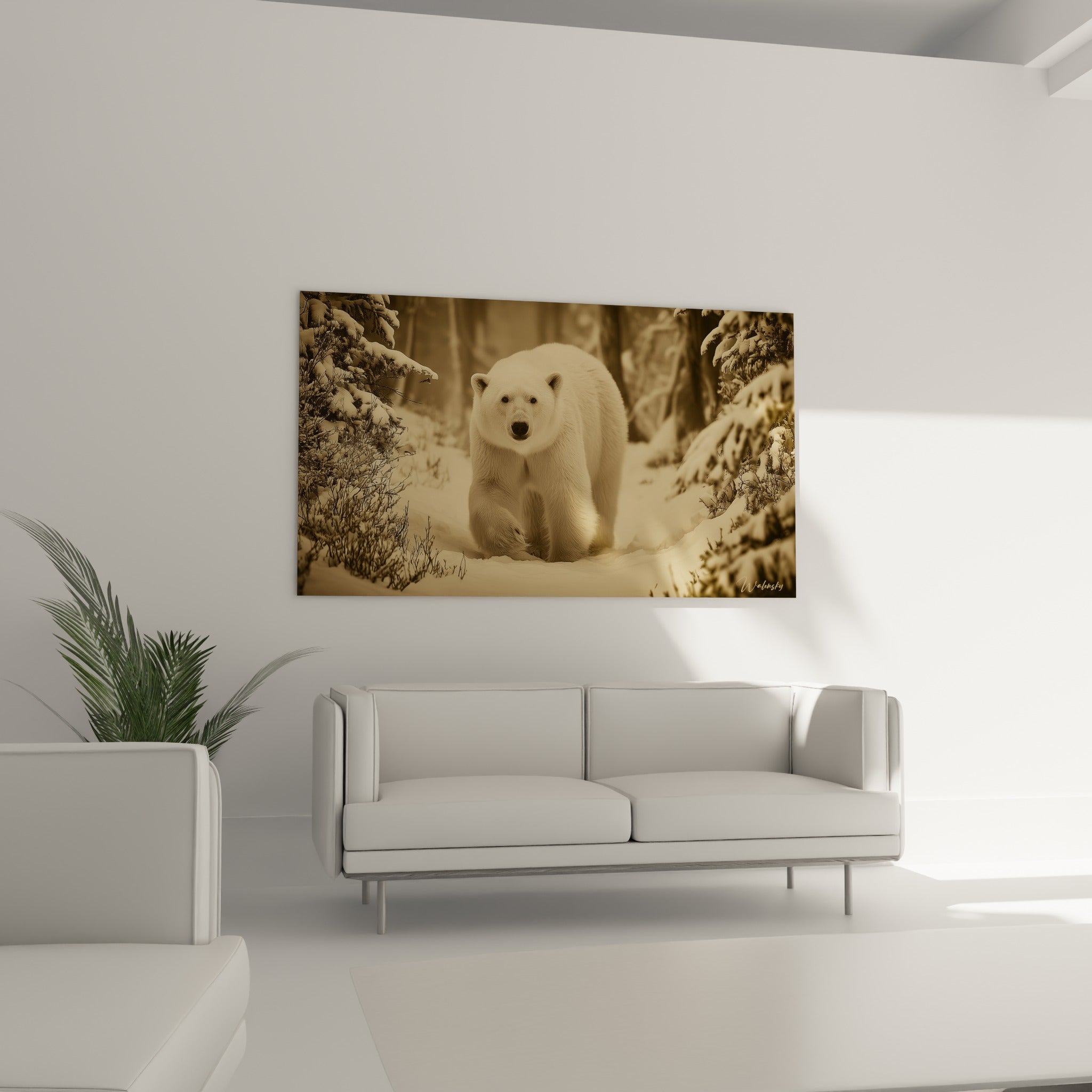 Silhouette d'ours polaire beige et anthracite dans la neige, au-dessus d'un canapé dans un salon lumineux