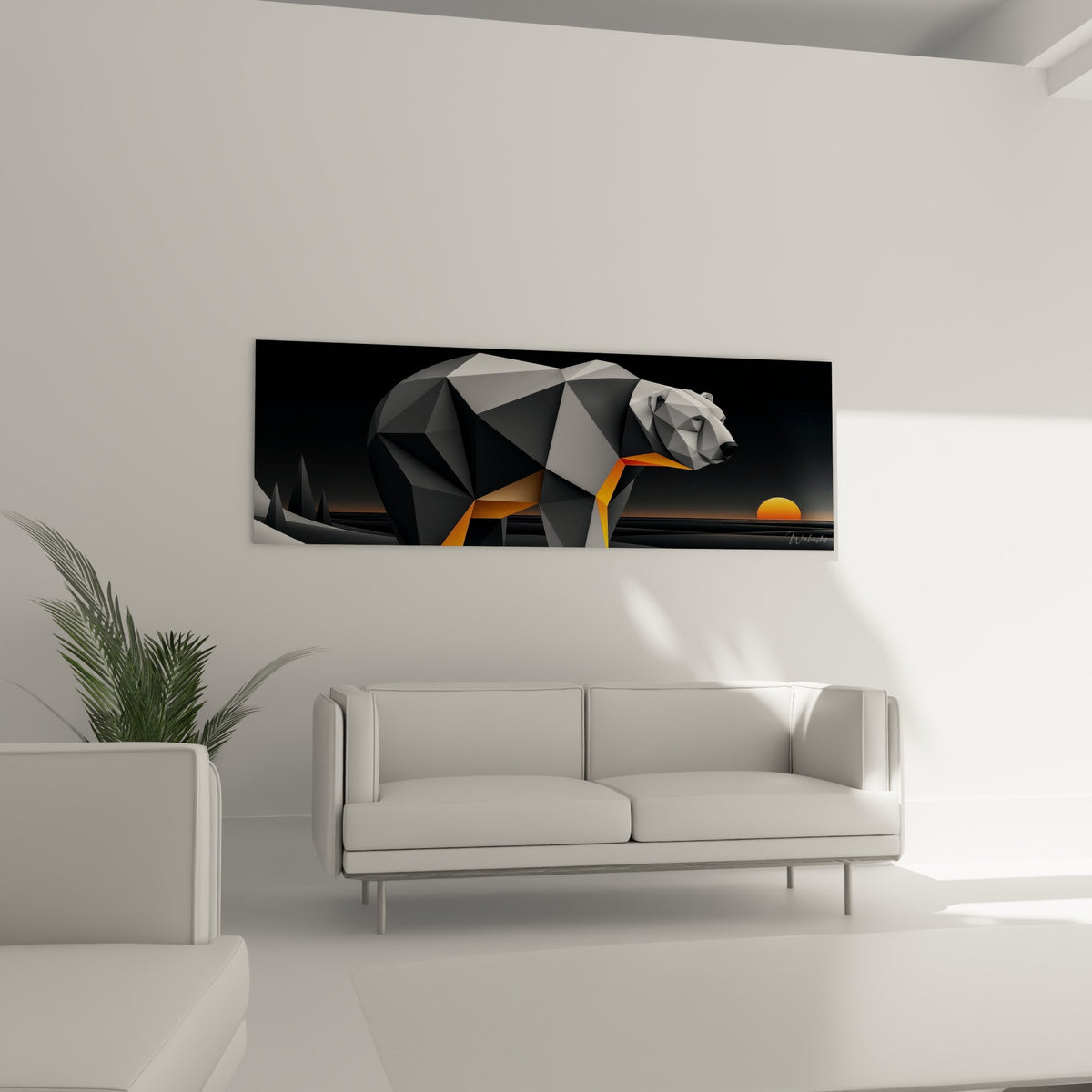 Ours polaire stylisé aux tons anthracite et orange vif, suspendu au-dessus d'un canapé dans un salon lumineux