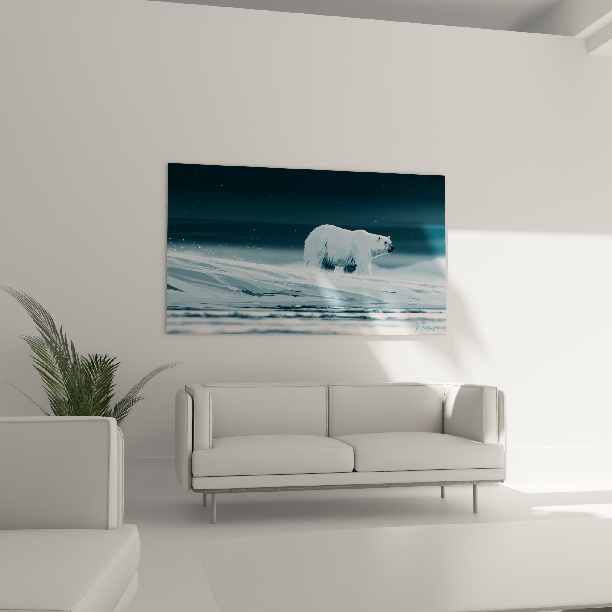 Marche solitaire d'un ours polaire blanc sur fond anthracite, au-dessus d'un canapé dans un salon lumineux