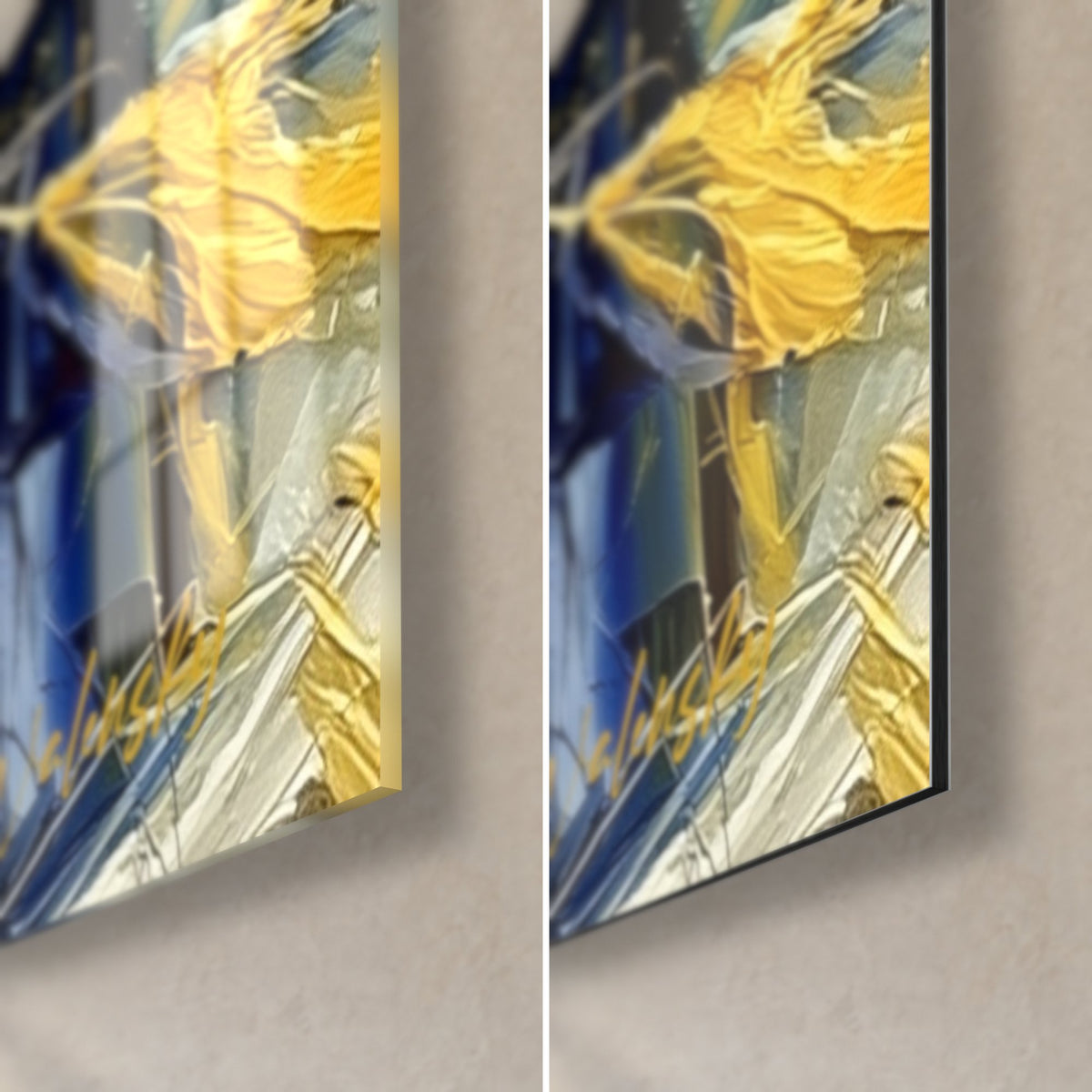 Gemälde Eisbär in Marineblau und Gold, untere rechte Ecke: glänzendes Acrylglas links, mattschwarzes Dibond rechts, 3 mm Kante