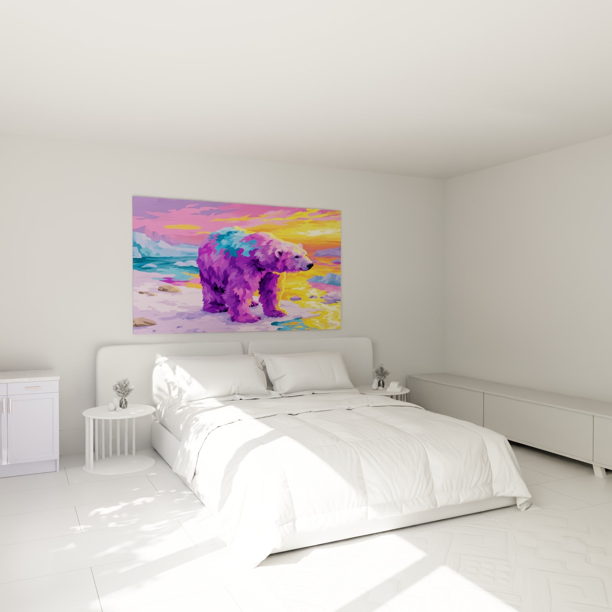 Silhouette d'ours polaire mauve et turquoise peinte au-dessus d'un lit dans une chambre claire