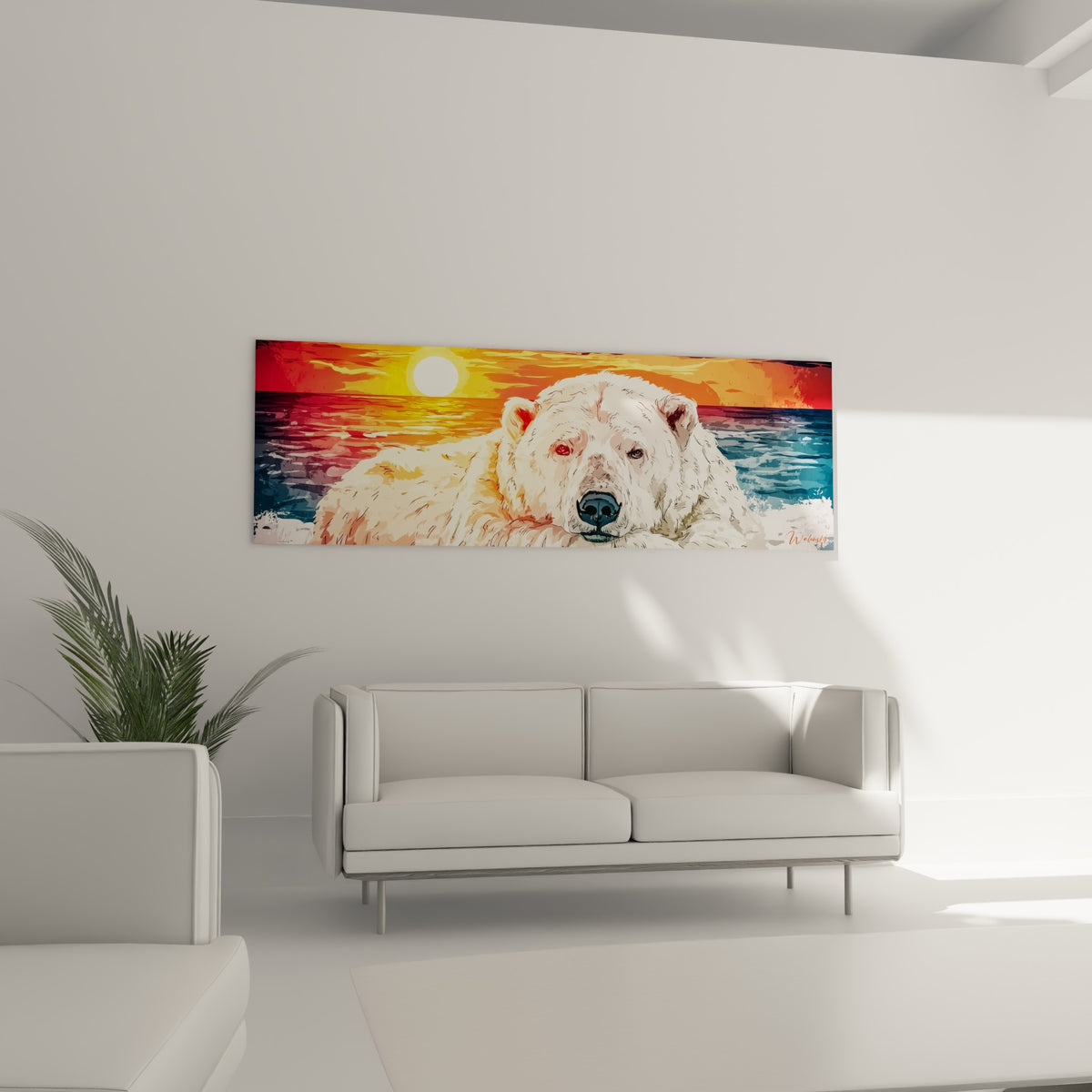 Silhouette massive d'un ours polaire devant un soleil doré et une mer bleu ardoise, au-dessus d'un canapé dans un salon lumineux