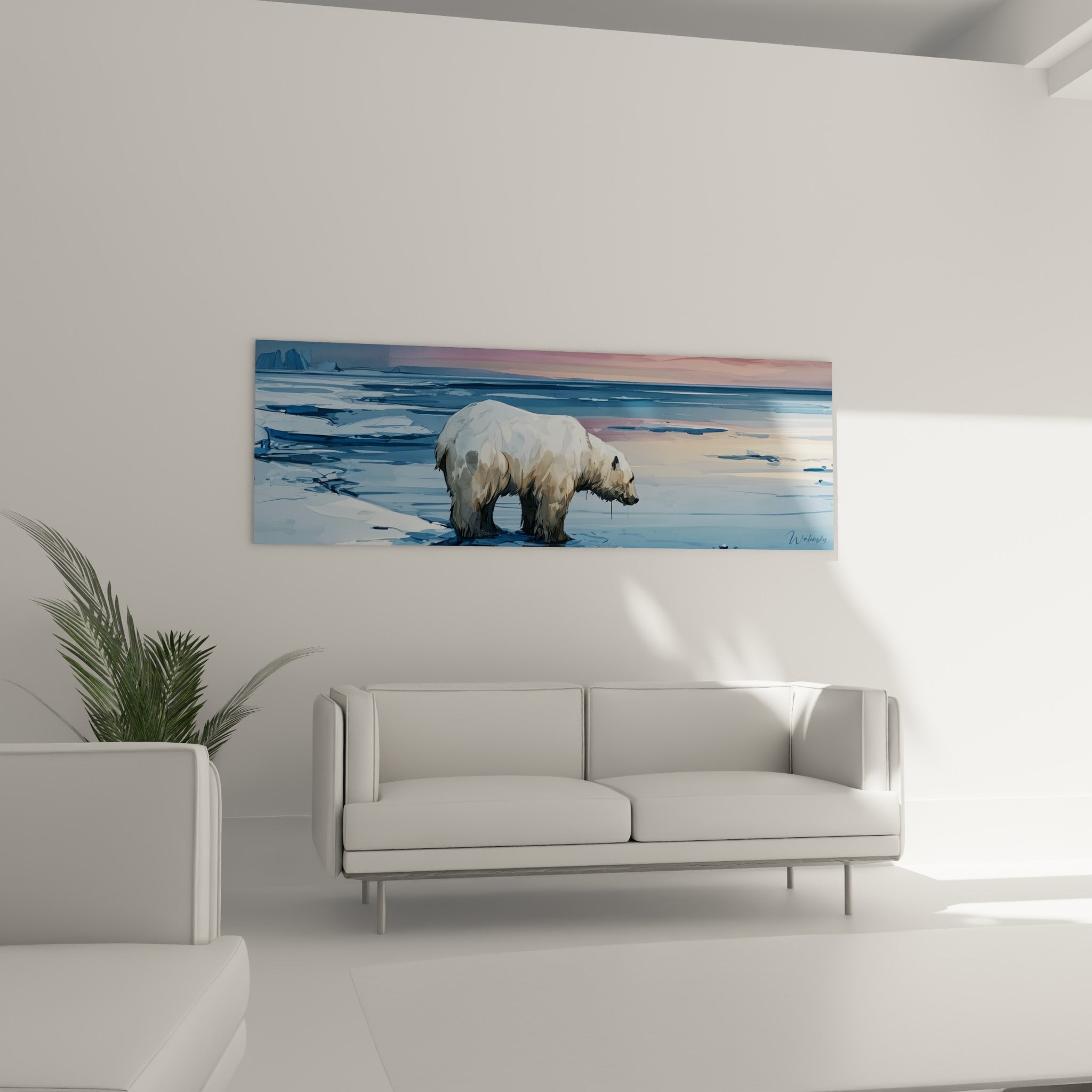 Ours polaire massif face à la mer bleu glacée au-dessus d'un canapé dans un salon lumineux