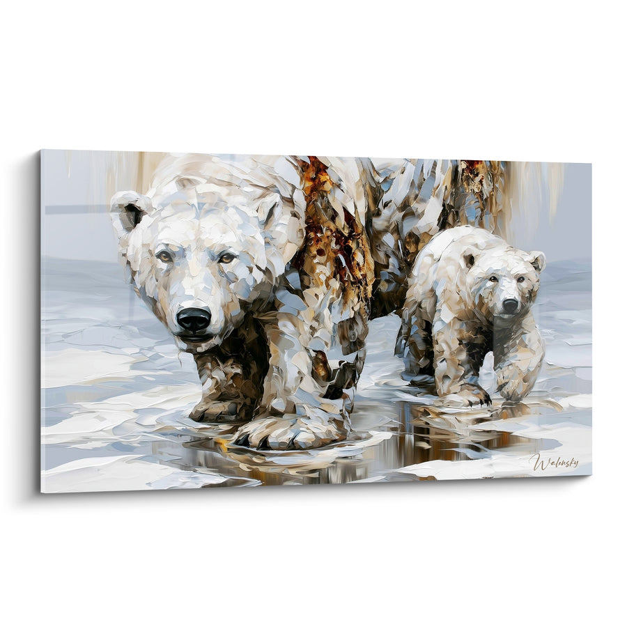 Tableau Ourse et ourson blanc doré - Marche sur la banquise - Edition Ours polaire