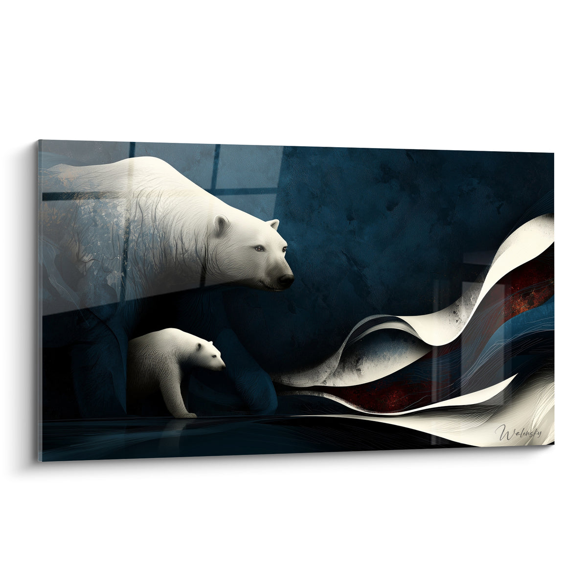Ours polaire ivoire et son petit avancent sur fond bleu marine et vagues rouge sombre