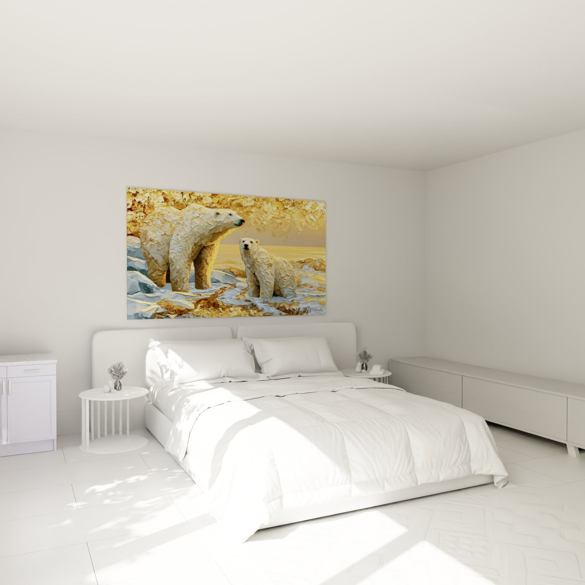 Ours polaire majestueux aux teintes ocre et blanches, accroché au-dessus d'un lit dans une chambre claire