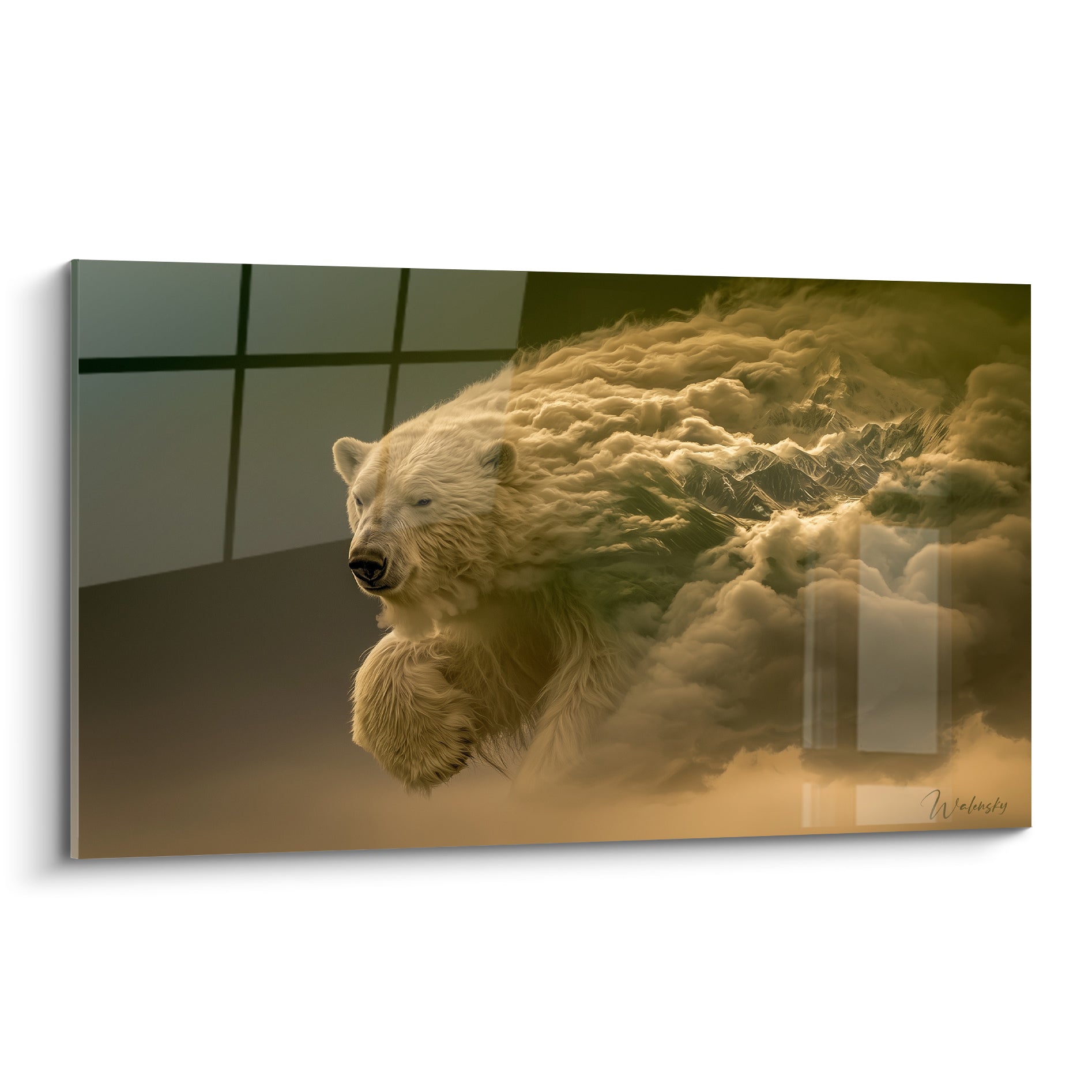 Ours polaire dont le corps se fond en montagnes dorées et nuages ocre sur toile