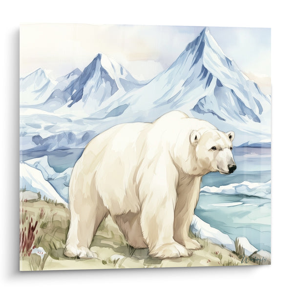 Tableau Ours blanc entre montagnes bleues et toundra - Solitude glaciaire - Edition Ours polaire