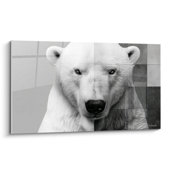 Ours polaire au regard perçant, pelage blanc et fond en mosaïque grise anthracite