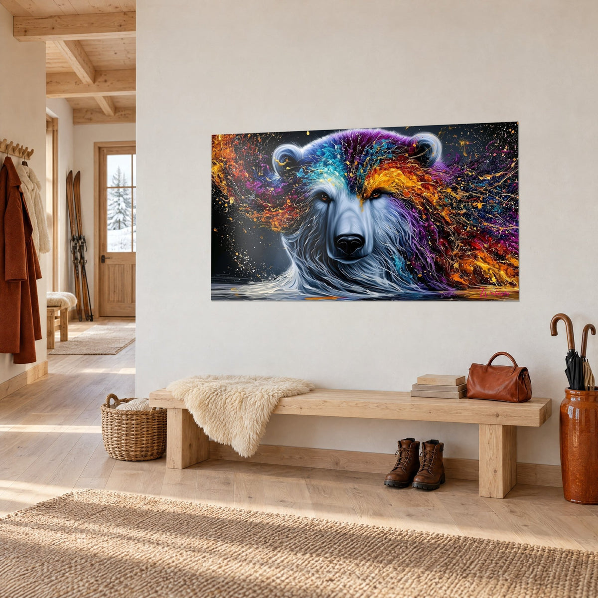 Gemälde Porträt eines weißen Bären, mit aufspringender roter, purpurner und goldener Mähne, über einer Holzbank in einem Chalet-Eingang