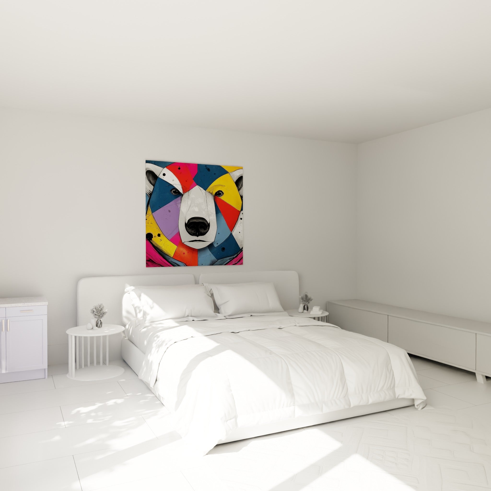 Museau blanc et regard noir d'un ours polaire coloré, accroché au-dessus d'un lit dans une chambre claire