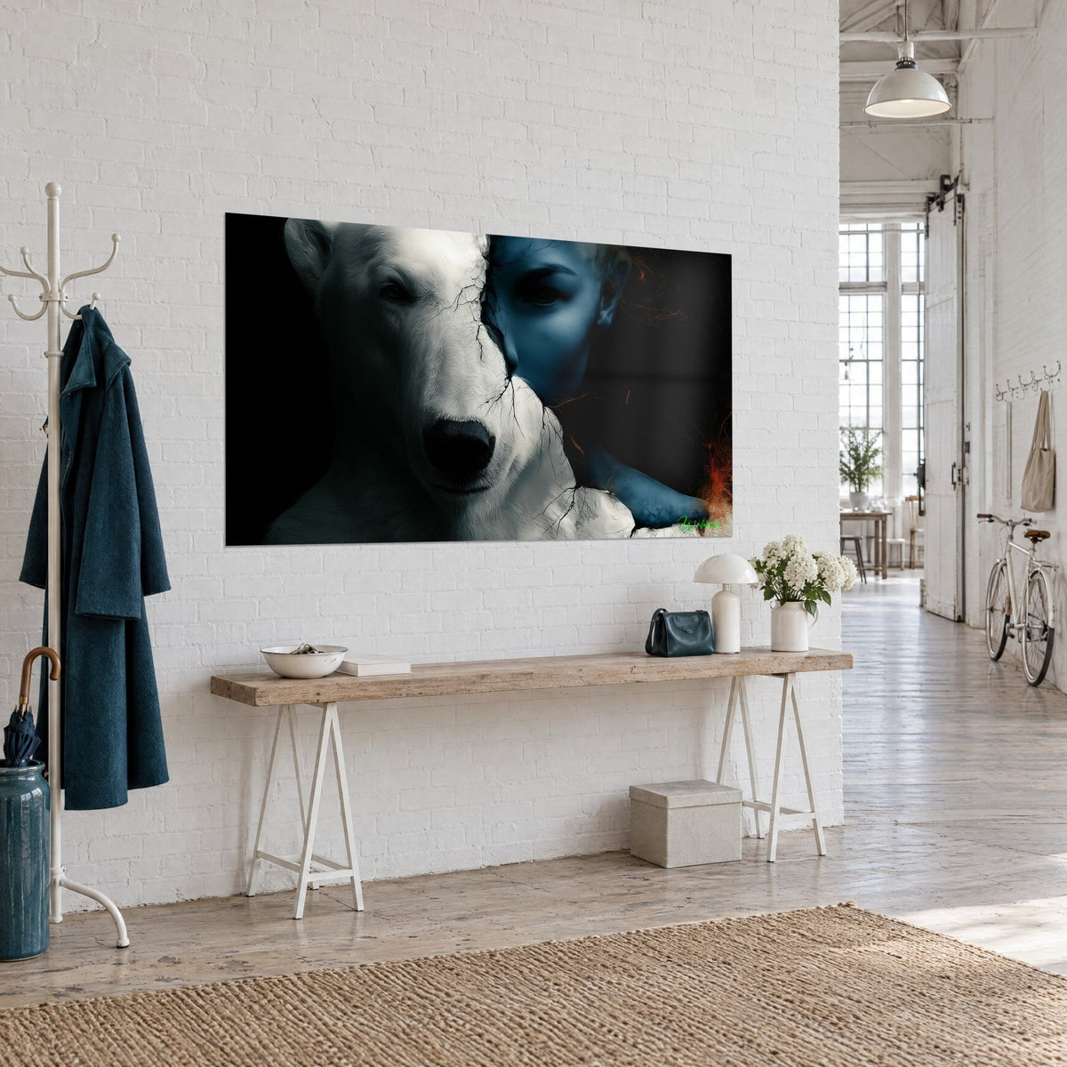 Wall art half-animal, half-woman portrait, ivory fur and cracked steel-blue skin, three-quarter view, wooden console, artist loft