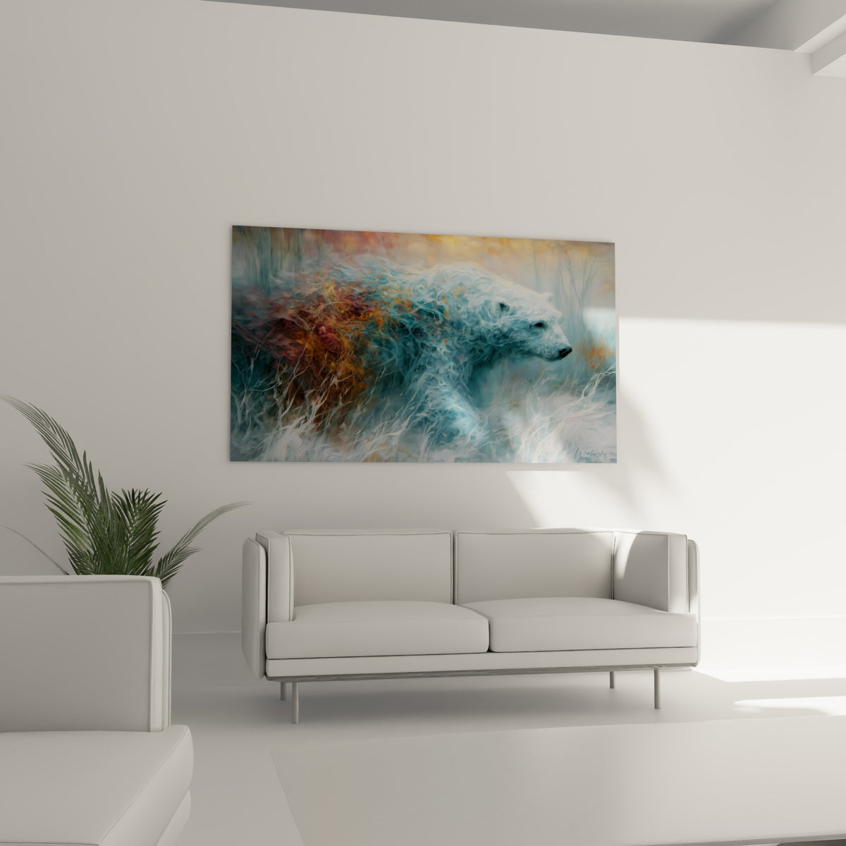 Museau d'ours polaire détaillé entouré de volutes bleu marine et cuivrées au-dessus d'un canapé dans un salon lumineux