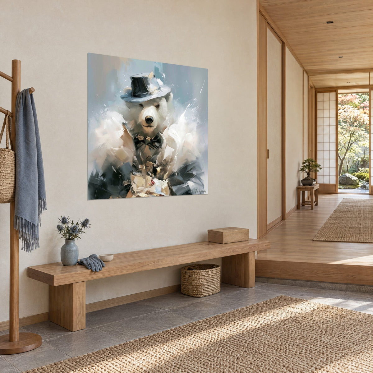 Gemälde polarer Dandy mit perlgrauem Hut und schwarzem Band, beigefarbener und anthrazitfarbener Mantel, Dreiviertelansicht in einem japandi Flur
