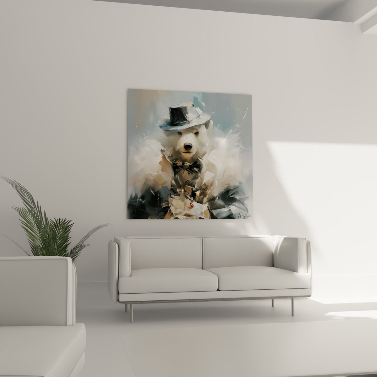 Museau noir d'un ours polaire encadré de fourrure blanche empâtée, au-dessus d'un canapé dans un salon lumineux