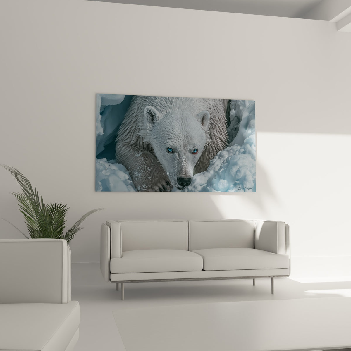 Ours polaire blanc et bleu anthracite figé dans la neige, au-dessus d'un canapé dans un salon lumineux