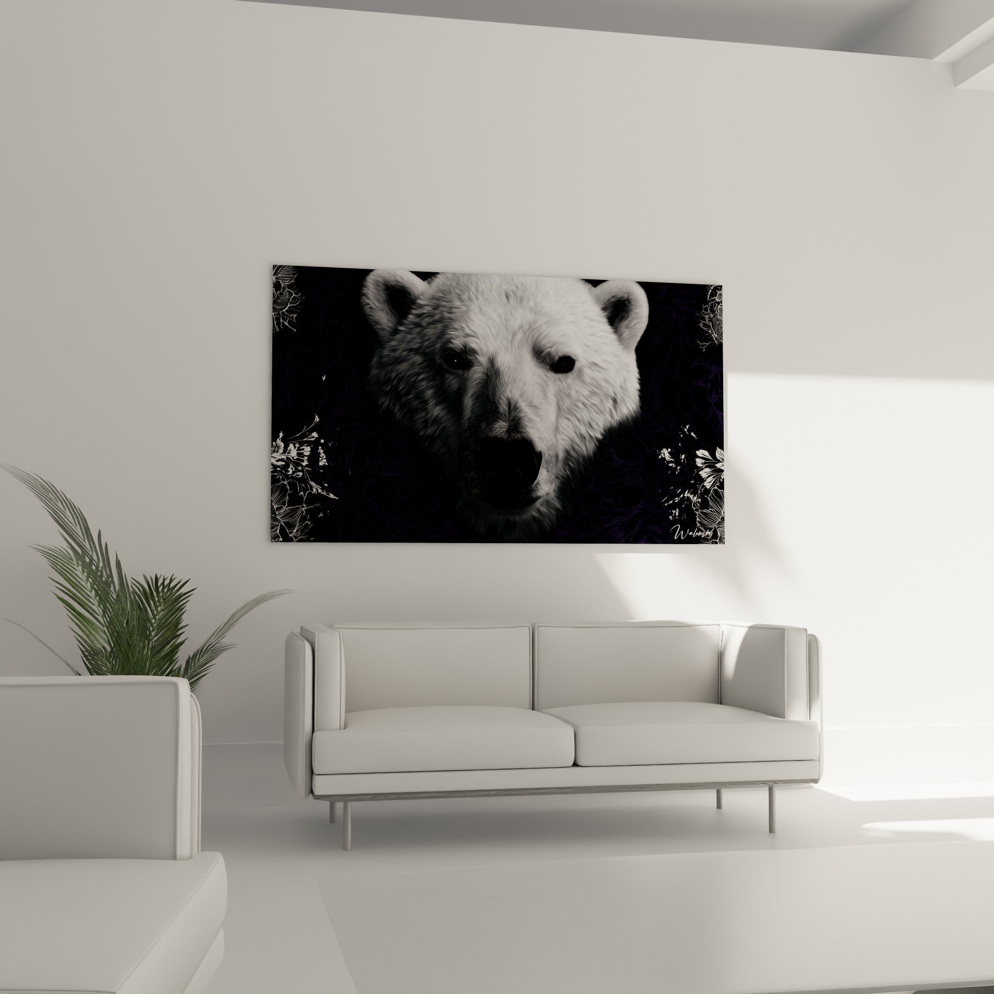 Museau noir et fourrure blanche d'un ours polaire sur fond violet nocturne, au-dessus d'un canapé dans un salon lumineux