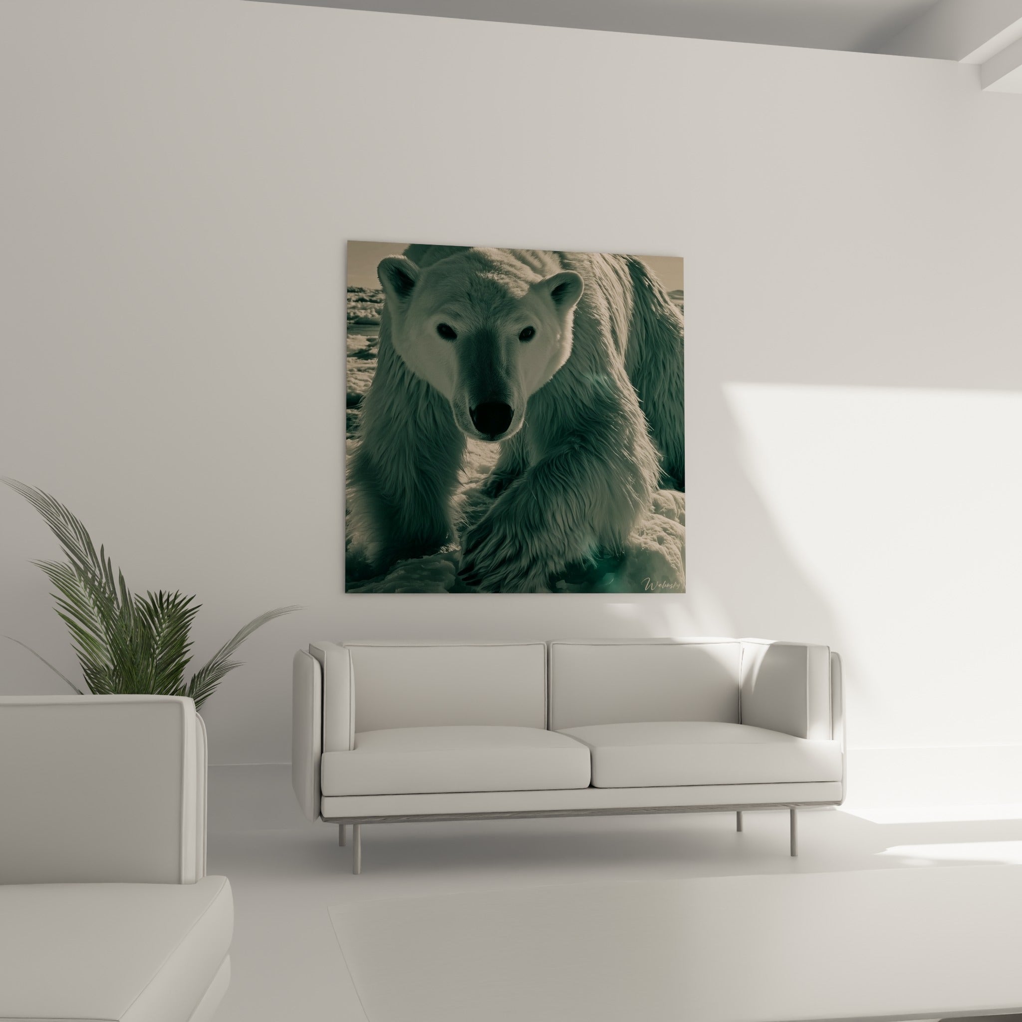 Museau noir et fourrure blanche de l'ours polaire suspendus au-dessus d'un canapé dans un salon lumineux