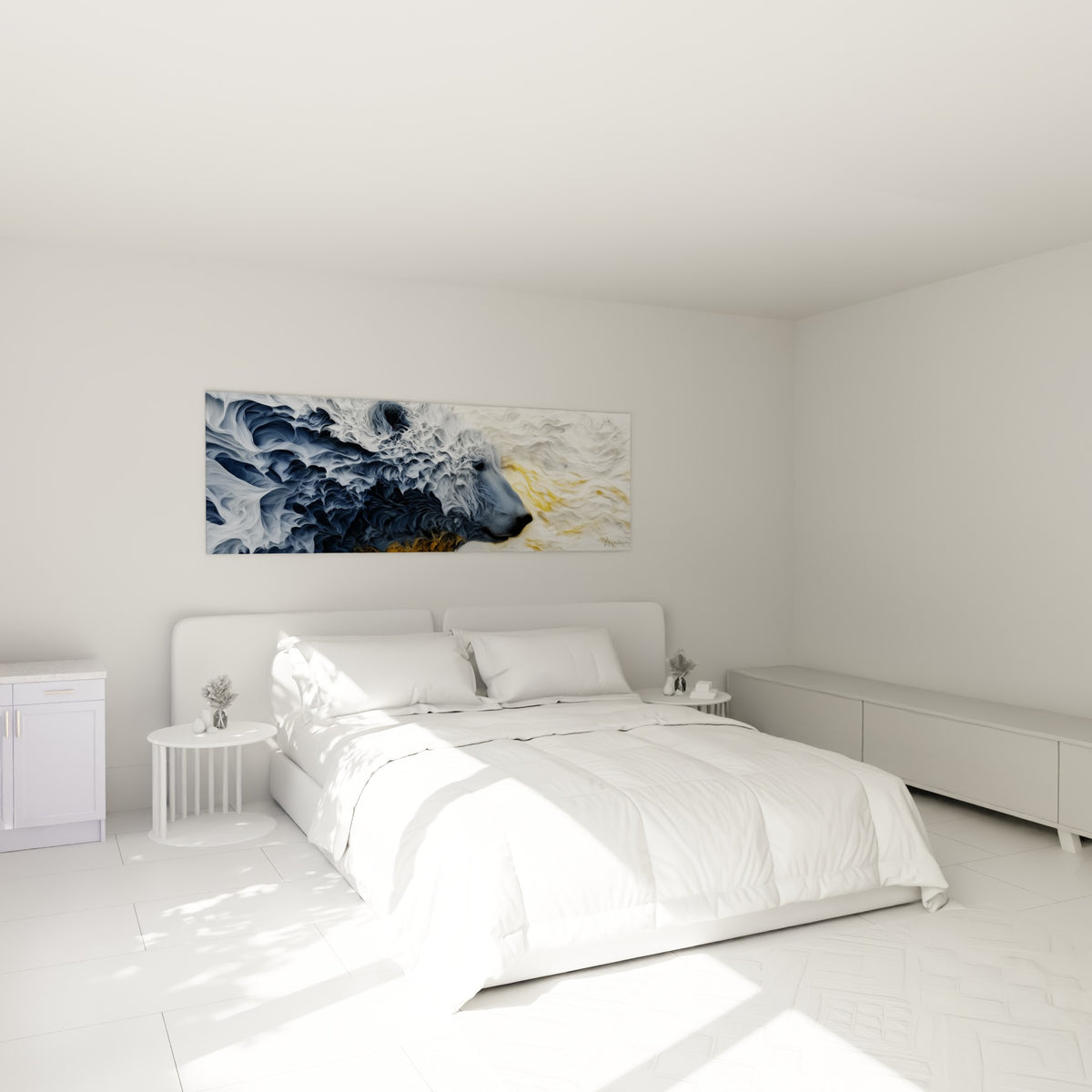 Museau noir de l'ours polaire entouré de tons blancs et bleu marine, au-dessus d'un lit dans une chambre claire