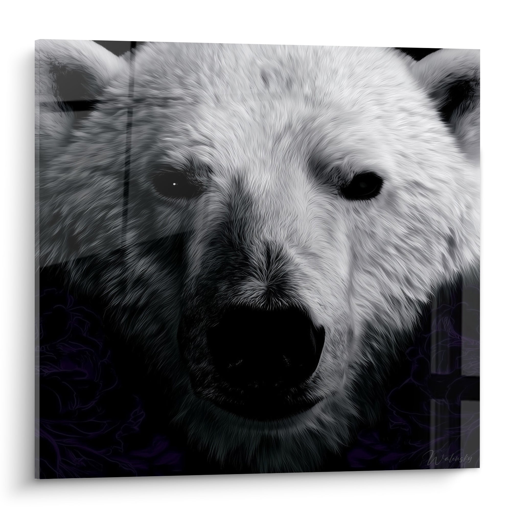 Ours polaire au museau noir et pelage blanc texturé, regard sombre intense, fond violet foncé