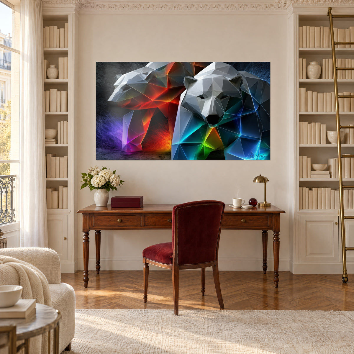 Wall art of a bear in polygons, black muzzle, green and red reflections on an anthracite background, above an antique wooden desk