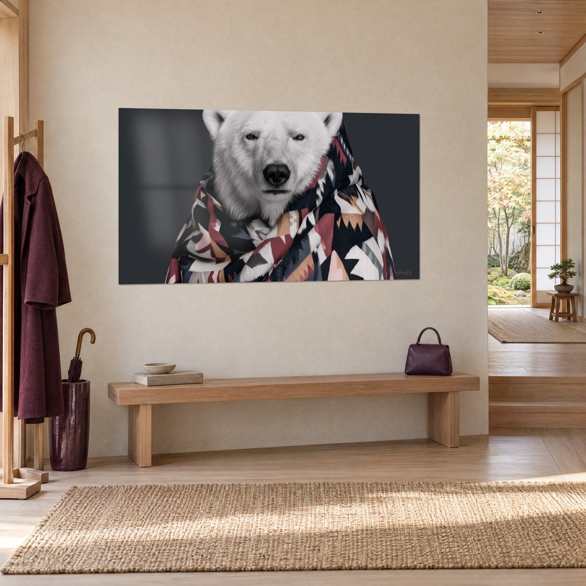 Gemälde weißer Bär mit geometrischem Poncho in Bordeaux und Ocker auf dunkelgrauem Grund, beige Wand neben einer Holzbank