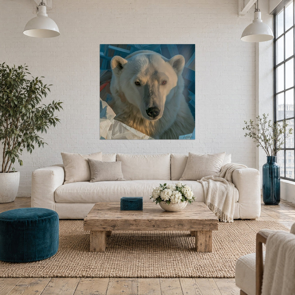 Gemälde Eisbär mit elfenbeinfarbenem Fell und bernsteinfarbenem Blick, marineblaue Splitter im Hintergrund, über einem Sofa in einem hellen Wohnzimmer
