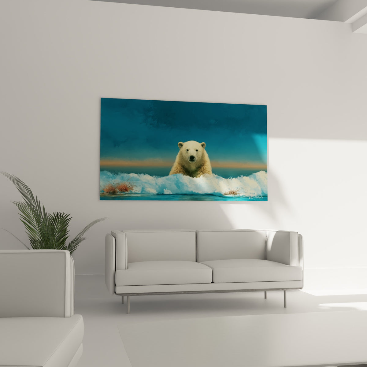 Museau noir de l'ours polaire se détachant du blanc glacé, au-dessus d'un canapé dans un salon lumineux