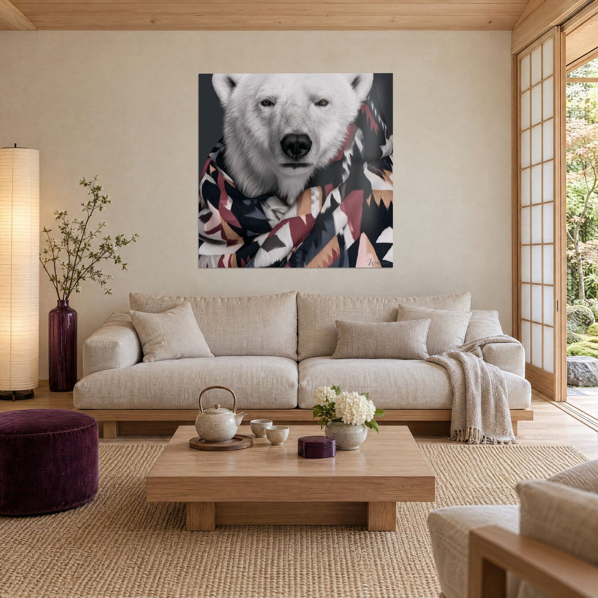 Tableau ours polaire au pelage blanc et regard ambré, écharpe rose poudré et noire, au-dessus d'un canapé dans un salon lumineux