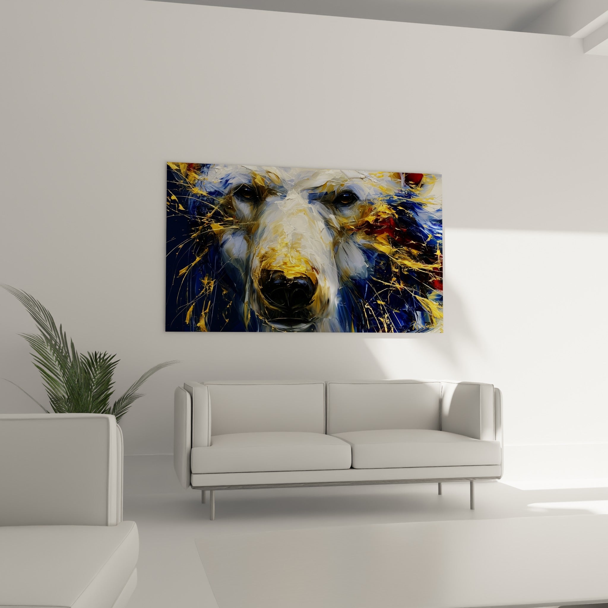 Ours polaire au museau noir et fourrure blanche mouchetée d'or accroché au-dessus d'un canapé dans un salon lumineux