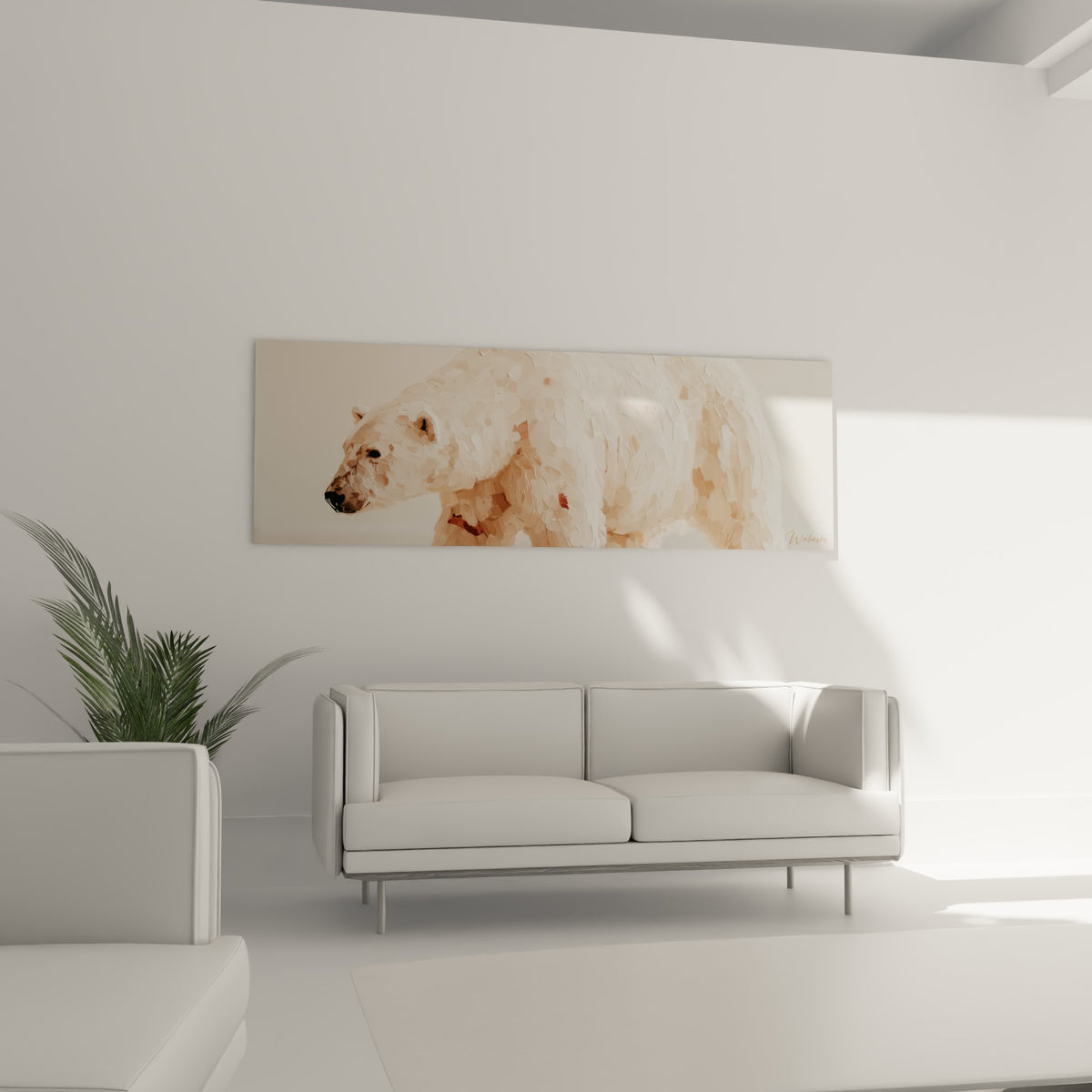 Ours polaire beige et blanc cassé, museau noir contrasté, au-dessus d'un canapé dans un salon lumineux