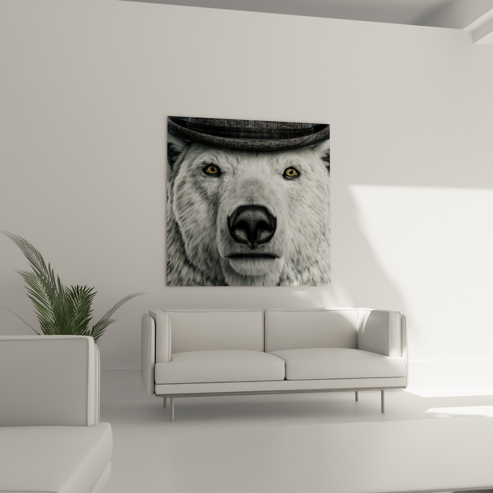 Museau noir et fourrure blanche d'un ours polaire élégant, au-dessus d'un canapé dans un salon lumineux