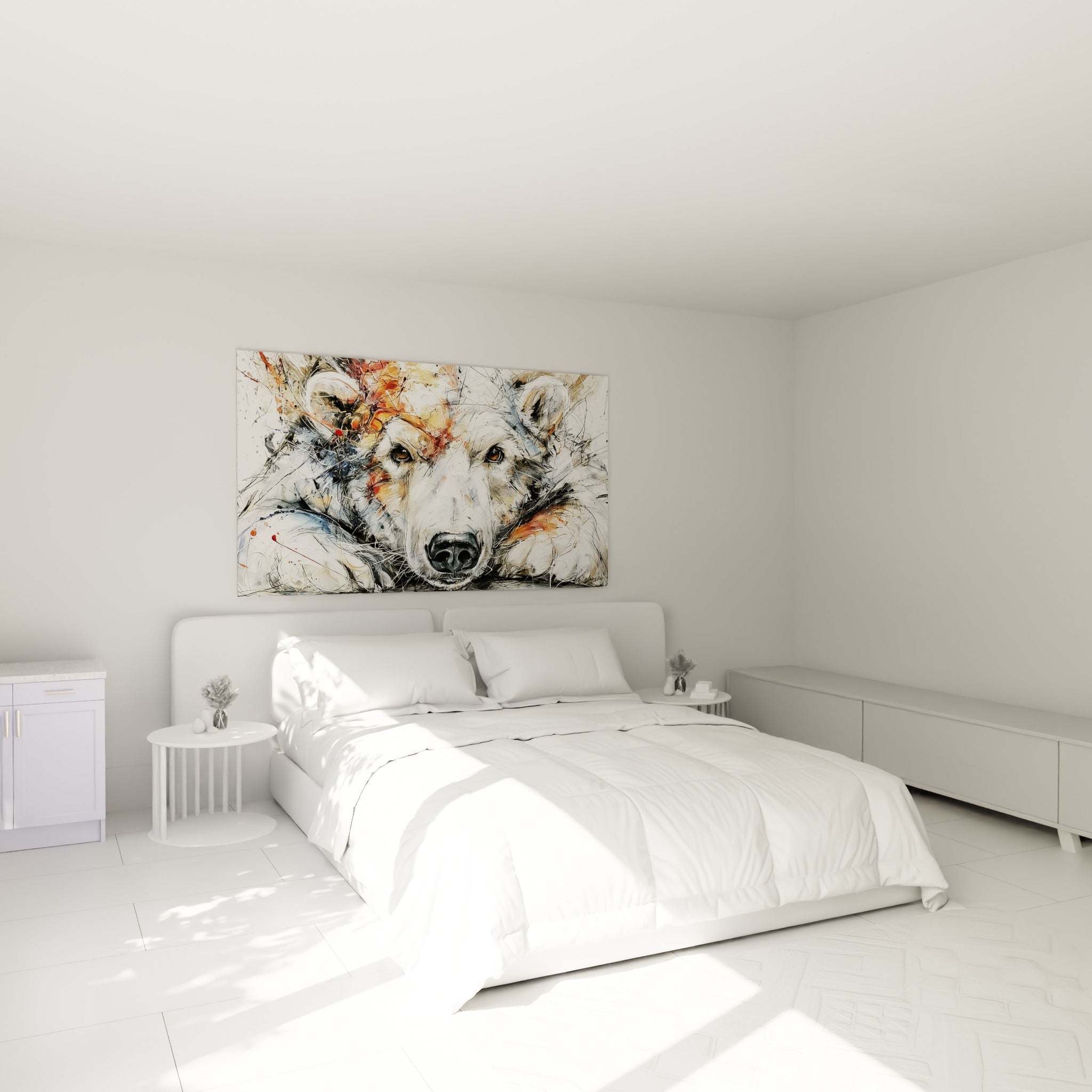 Museau d'ours polaire posé sur ses pattes, éclats ocre et anthracite, au-dessus d'un lit dans une chambre claire