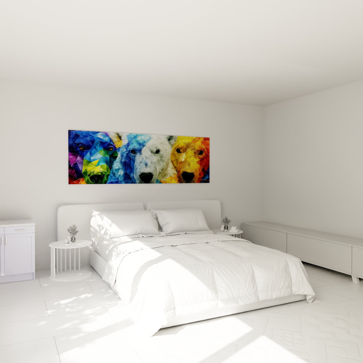 Museaux noirs d'Ours polaire aux teintes vert et jaune safran au-dessus d'un lit dans une chambre claire
