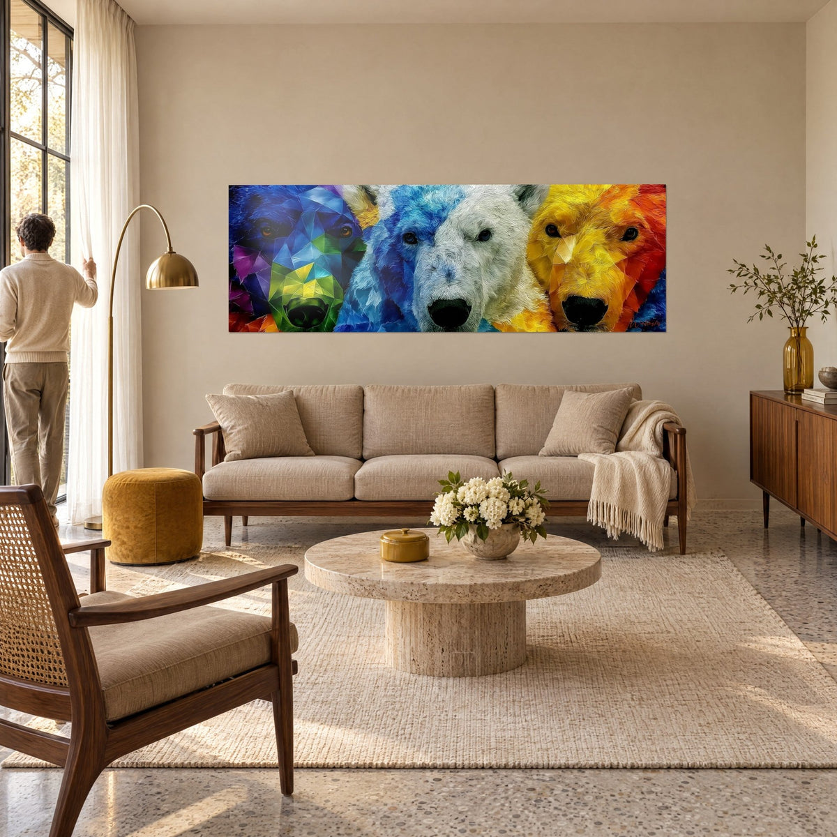 Wall art trio of bears in facets, cobalt blue and golden yellow, a white polar bear at the centre, above a sofa in a bright living room