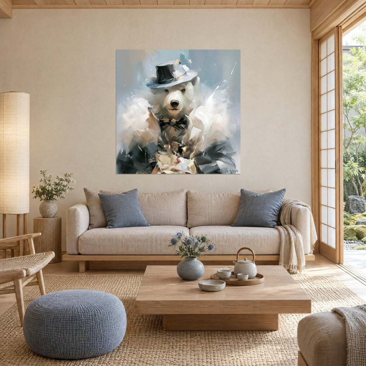 Gemälde Eisbär mit schwarzem Zylinder, schwarzer Fliege und cremefarbenem Fell, graublauer Hintergrund, über einem Sofa in einem hellen Wohnzimmer
